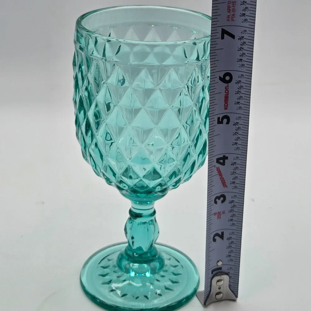 Pier 1 Diamond Cut Turquois Blue Goblet Glasses Lot of 4 DISCONTINUED‎